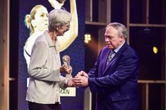 Sonja Tankrey pictured on the podium after her daughter Emma Meesseman wins the Sportvrouw van het Jaar / Sportive de l Année 2025 the 'Sportgala' award show, to announce the sport women and men of the year 2025, Sunday 14 December 2025 in Schelle. BELGA PHOTO DIRK WAEM