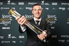 Remco Evenepoel poses for the photographer after winning the Sportman van het Jaar / Sportif de l Année 2025 at the 'Sportgala' award show, to announce the sport women and men of the year 2025, Sunday 14 December 2025 in Schelle. BELGA PHOTO POOL NICO VEREECKEN